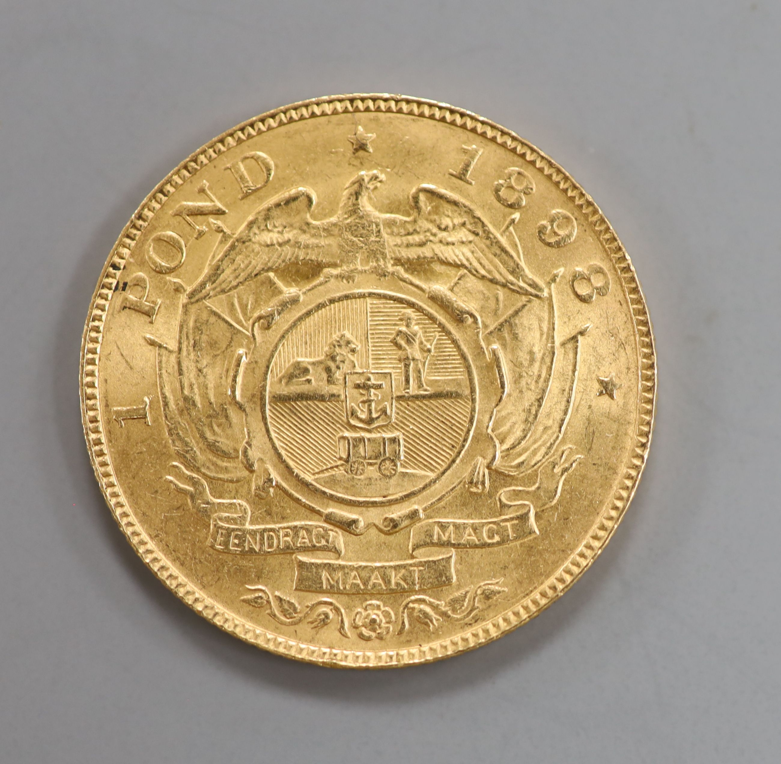 A 1898 South African gold one pond coin.